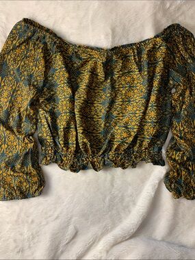 Bohemian Off-Shoulder Smocked Waist Blouse in Teal & Mustard